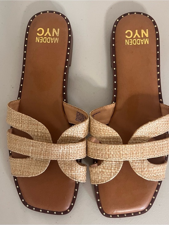 Madden Nyc Shoes - Madden NYC Selina H Band Tan Woven Slide Sandals Sz 9